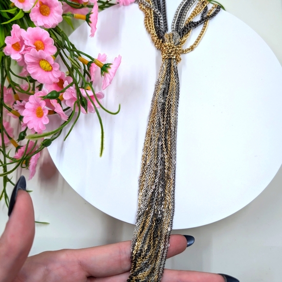 Tritone Black, Gold and Silver Vintage Statement Y Shaped Necklace - Picture 2 of 4